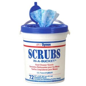 A bucket of Scrubs In A Bucket Hand Cleaner Towels.