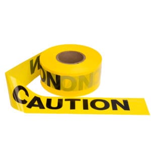 Roll of yellow and black Presco Barricade Tape with the word "CAUTION" printed repeatedly on it.