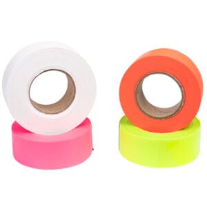Carton of Presco Flagging Tape containing three rolls of each of the following colors: White, Glo Pink, Glo Orange and Glo Lime.