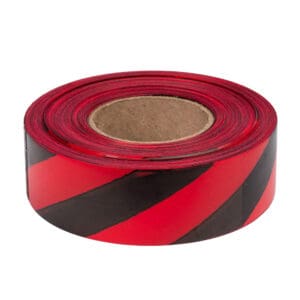 Roll of Presco Striped Flagging Ribbon in Red and Black.
