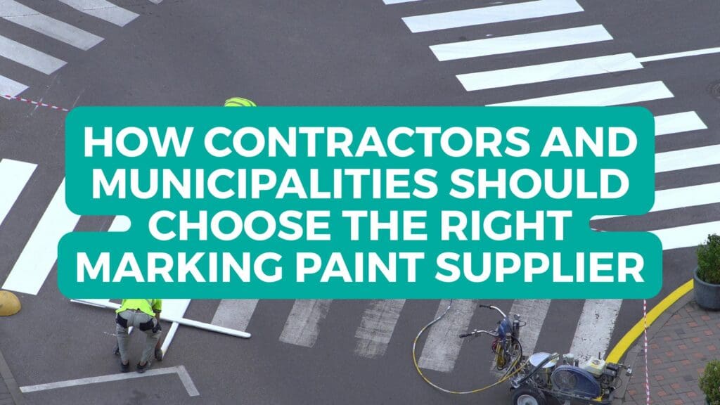 How Contractors and Municipalities Should Choose the Right Marking Paint Supplier title over marking paint cans on a construction site with Chompers the bulldog wearing a hard hat