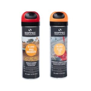 MMD's SOPPEC Marking Paint Sample Box includes two full-size SOPPEC marking paint cans: one fluorescent Construction Fluo TP and one non-fluorescent Construction Pro Marker