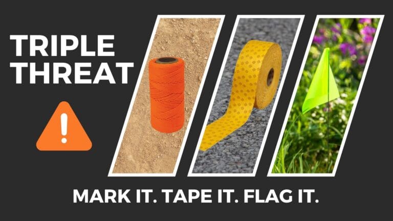 Twine, pavement marking tape, and utility flags for common jobsite marking and layout needs.