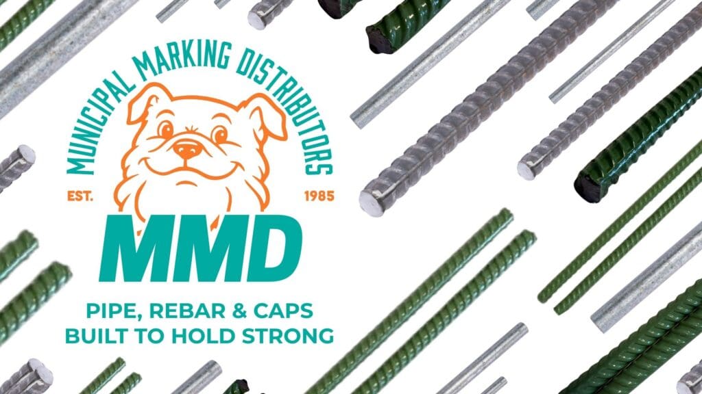 MMD rebar, galvanized pipe, and protective caps for construction staking, layout, and site work.